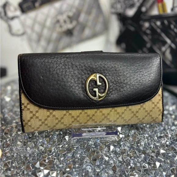 Gucci vintage 1973 Continental wallet Diamante canvas and black leather EUC - Picture 1 of 16
